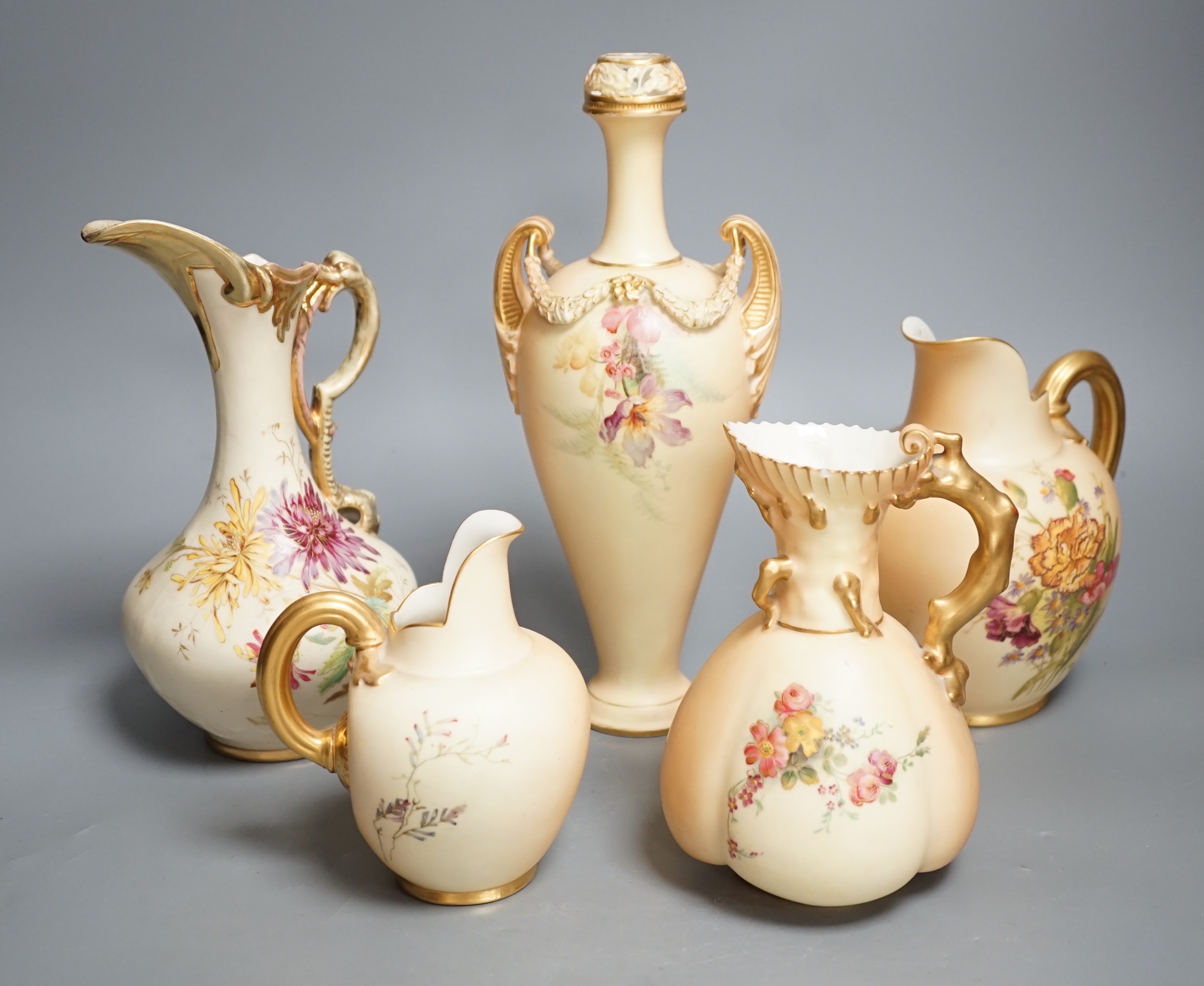 A Worcester blush ivory - a bottle vase and 3 jugs, tallest 27cms high